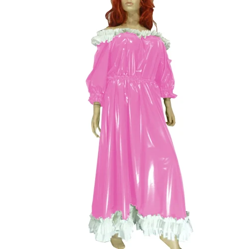 Women Slash Sweet Lolita Dress Uniform Faux Leather Puff Sleeve Lace Long Dress Exotic Ankle Length Dress Evening Party Wear