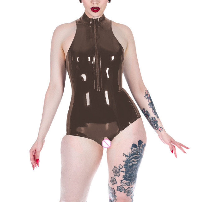 Glossy PVC Leather Bodysuits Mock Neck Sleeveless Zip Jumpsuits Women Exotic Open Crotch Sissy Jumpsuits Rave Nightclub Zentai
