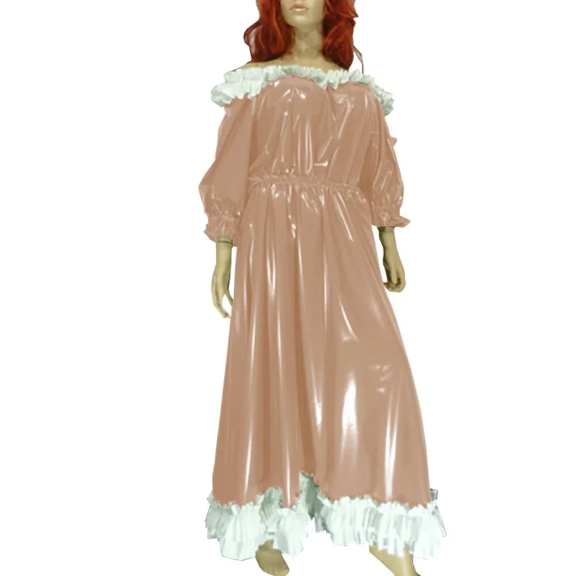 Women Slash Sweet Lolita Dress Uniform Faux Leather Puff Sleeve Lace Long Dress Exotic Ankle Length Dress Evening Party Wear