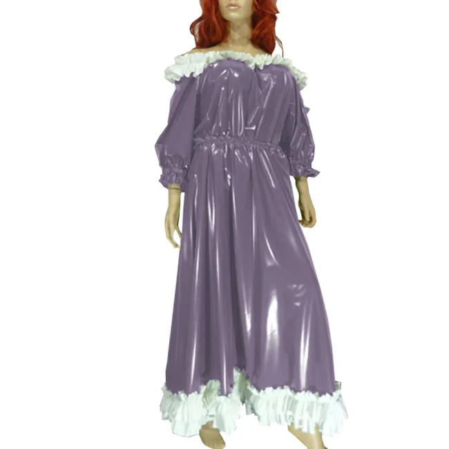 Women Slash Sweet Lolita Dress Uniform Faux Leather Puff Sleeve Lace Long Dress Exotic Ankle Length Dress Evening Party Wear