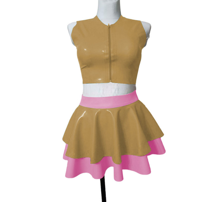 Female Summer Two-piece Sets Sleeveless Vest Zipper Top with Pleated Mini Skirts Sexy PVC Leather Clothing Party Stage Apparel