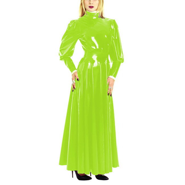 Women's PU Leather Skater Long Dress High Neck Long Puff Sleeve A-Line Vinyl Maxi Dress Wetlook Shiny Erotic Lingerie Costumes
