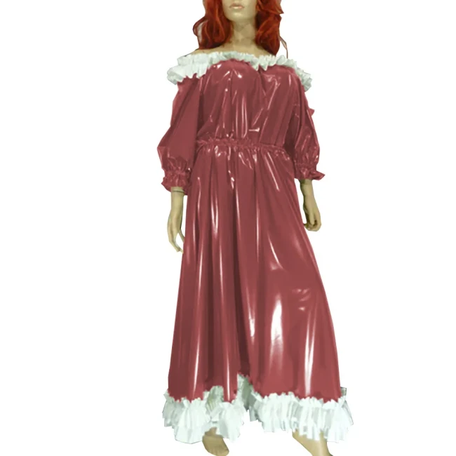 Women Slash Sweet Lolita Dress Uniform Faux Leather Puff Sleeve Lace Long Dress Exotic Ankle Length Dress Evening Party Wear