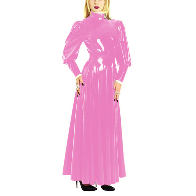 Women's PU Leather Skater Long Dress High Neck Long Puff Sleeve A-Line Vinyl Maxi Dress Wetlook Shiny Erotic Lingerie Costumes