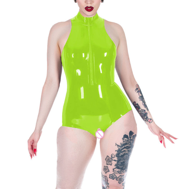 Glossy PVC Leather Bodysuits Mock Neck Sleeveless Zip Jumpsuits Women Exotic Open Crotch Sissy Jumpsuits Rave Nightclub Zentai