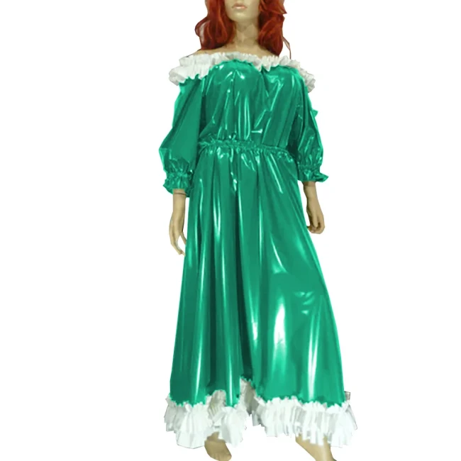 Women Slash Sweet Lolita Dress Uniform Faux Leather Puff Sleeve Lace Long Dress Exotic Ankle Length Dress Evening Party Wear
