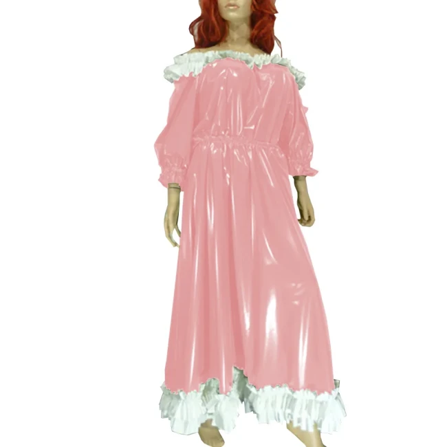 Women Slash Sweet Lolita Dress Uniform Faux Leather Puff Sleeve Lace Long Dress Exotic Ankle Length Dress Evening Party Wear