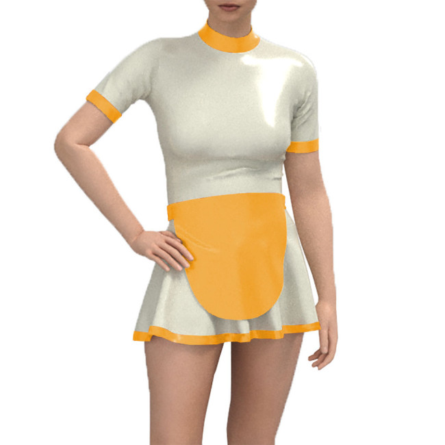 French Sweet Maid Cosplay Uniforms with Apron Wet Look PVC Leather Exotic Patchwork Maid Mini Dress Halloween Cosplay Costumes