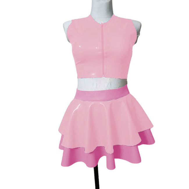 Female Summer Two-piece Sets Sleeveless Vest Zipper Top with Pleated Mini Skirts Sexy PVC Leather Clothing Party Stage Apparel
