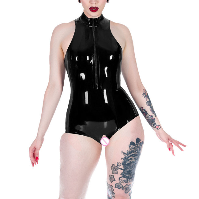 Glossy PVC Leather Bodysuits Mock Neck Sleeveless Zip Jumpsuits Women Exotic Open Crotch Sissy Jumpsuits Rave Nightclub Zentai