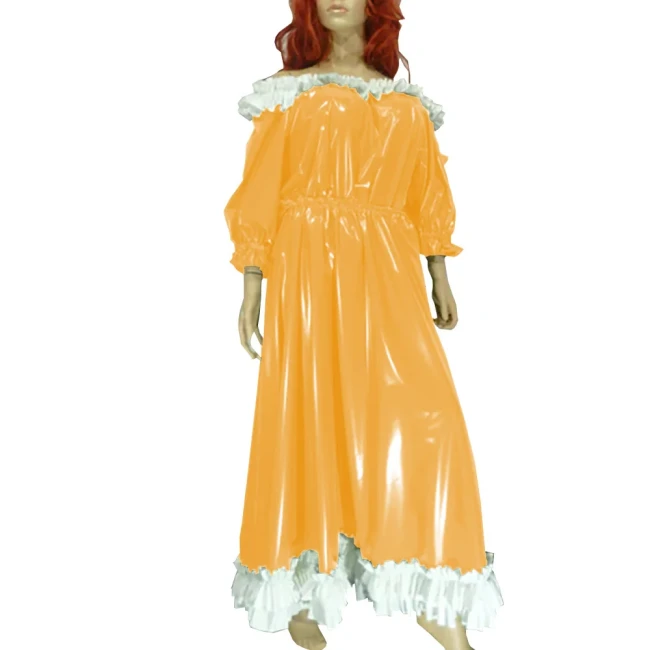 Women Slash Sweet Lolita Dress Uniform Faux Leather Puff Sleeve Lace Long Dress Exotic Ankle Length Dress Evening Party Wear