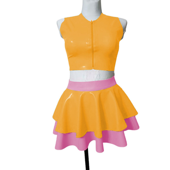 Female Summer Two-piece Sets Sleeveless Vest Zipper Top with Pleated Mini Skirts Sexy PVC Leather Clothing Party Stage Apparel