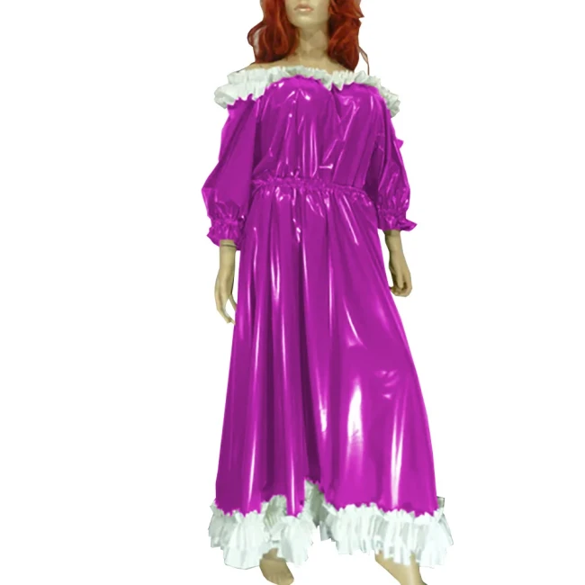 Women Slash Sweet Lolita Dress Uniform Faux Leather Puff Sleeve Lace Long Dress Exotic Ankle Length Dress Evening Party Wear