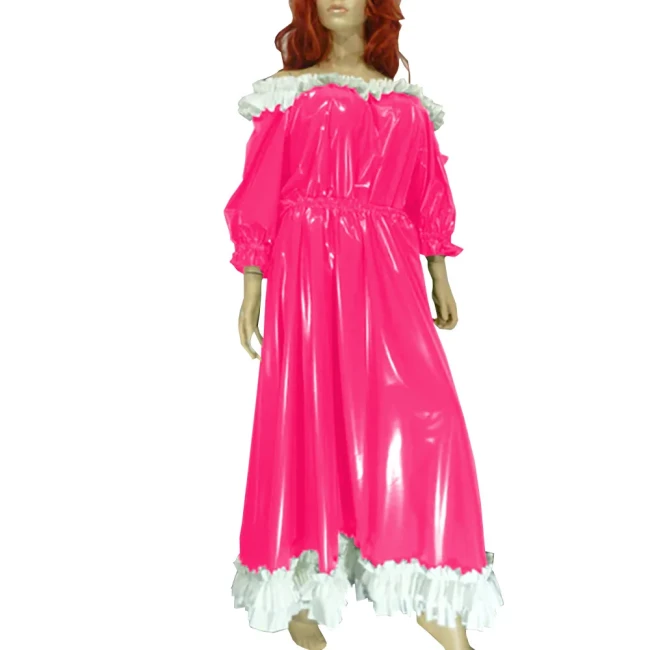 Women Slash Sweet Lolita Dress Uniform Faux Leather Puff Sleeve Lace Long Dress Exotic Ankle Length Dress Evening Party Wear
