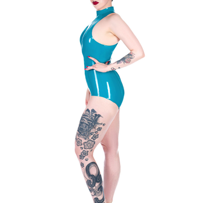 Glossy PVC Leather Bodysuits Mock Neck Sleeveless Zip Jumpsuits Women Exotic Open Crotch Sissy Jumpsuits Rave Nightclub Zentai