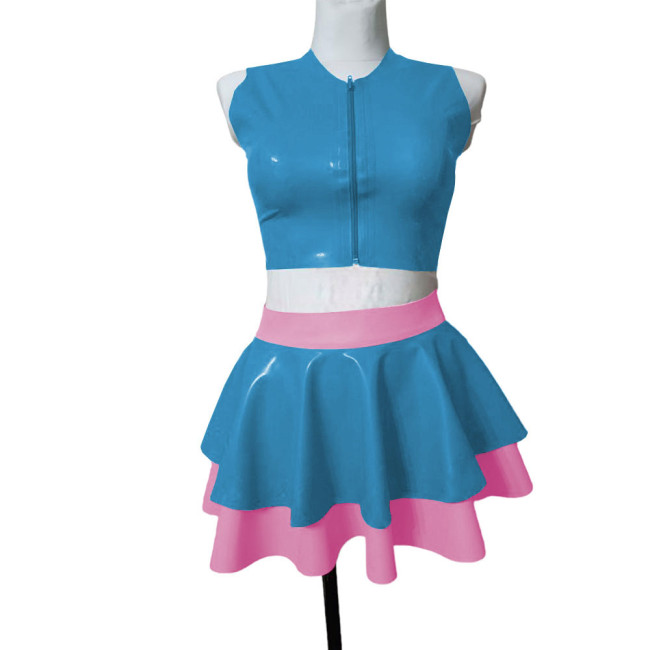 Female Summer Two-piece Sets Sleeveless Vest Zipper Top with Pleated Mini Skirts Sexy PVC Leather Clothing Party Stage Apparel