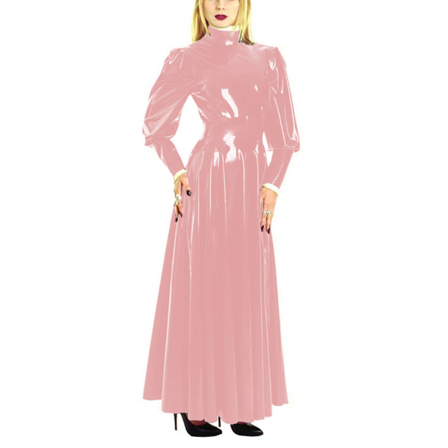 Women's PU Leather Skater Long Dress High Neck Long Puff Sleeve A-Line Vinyl Maxi Dress Wetlook Shiny Erotic Lingerie Costumes