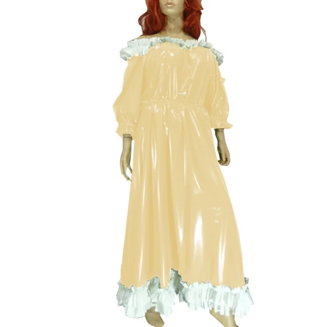 Women Slash Sweet Lolita Dress Uniform Faux Leather Puff Sleeve Lace Long Dress Exotic Ankle Length Dress Evening Party Wear