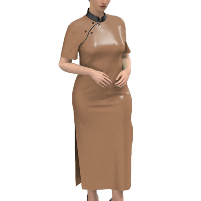 New Chinese Style Regular Fit Maxi Dress Faux Leather PVC Short Sleeve Long Dress Sissy Crossdresser Patent Leather Costume