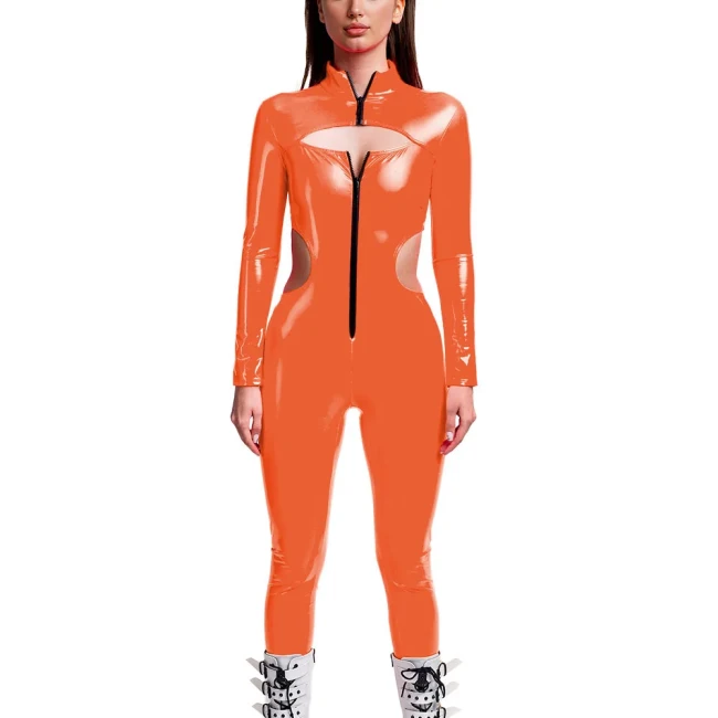 Punk Girls Wetlook Long Sleeve PVC Jumpsuits Women Stretch Patent Leather Bodycon Rompers Party Club Hollow Out Female Catsuit