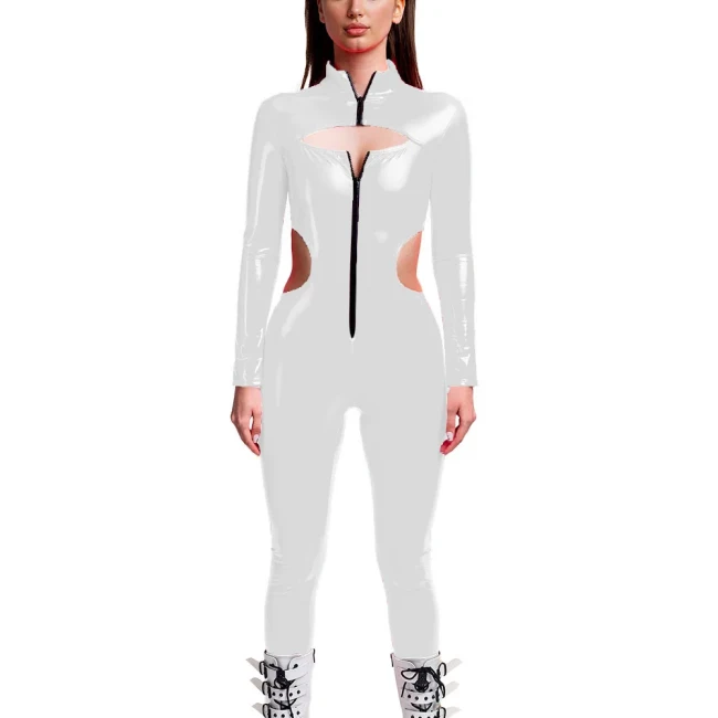 Punk Girls Wetlook Long Sleeve PVC Jumpsuits Women Stretch Patent Leather Bodycon Rompers Party Club Hollow Out Female Catsuit