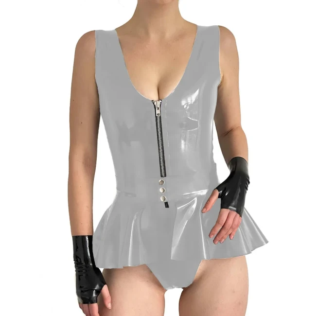 Women Sexy Wet Look Patent Leather Bodysuit Party Sleeveless PVC Rompers with Skirted Belt Sissy V-neck Zipper Playsuit Clubwear