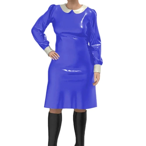 Women's Solid Color Elegant Dress Long Sleeve PVC Pleated Midi Sweet Dress Autumn Casual Set Turn Down Collar Office Lady Dress