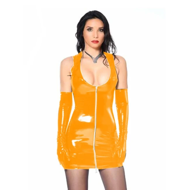 Sexy PVC Leather Mini Dress for Womens Party V-neck Sleeveless Zipper Bodycon Dress Punk Nightclub Skinny Dress with Gloves