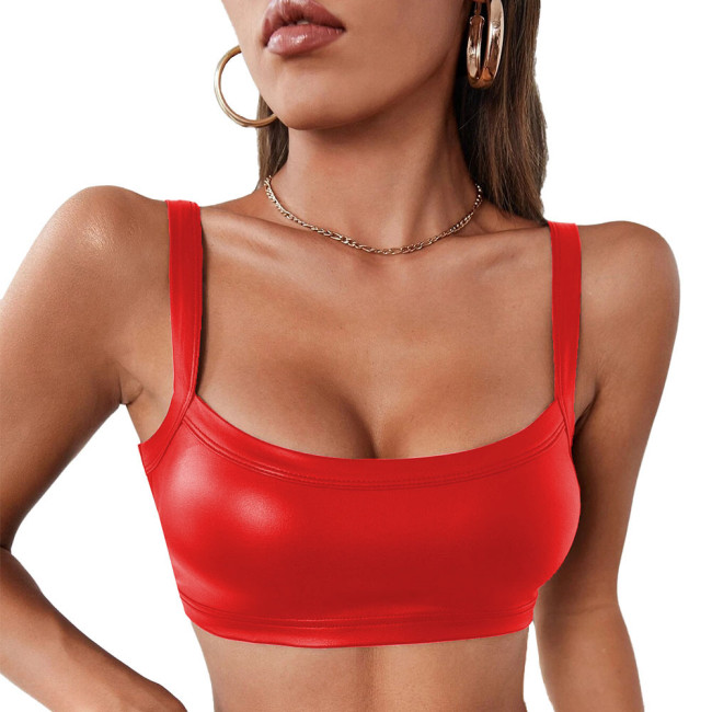 Newest Women Sexy Tank Top Faux PU Leather Strappy Bra Top Ladies Sexy Nightclub Vest Fashion Spaghetti Strap Short Top Lingerie