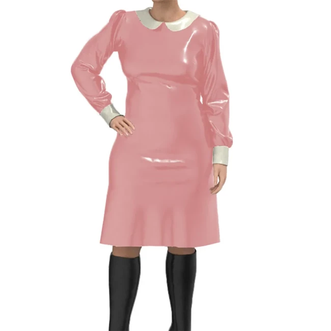 Women's Solid Color Elegant Dress Long Sleeve PVC Pleated Midi Sweet Dress Autumn Casual Set Turn Down Collar Office Lady Dress