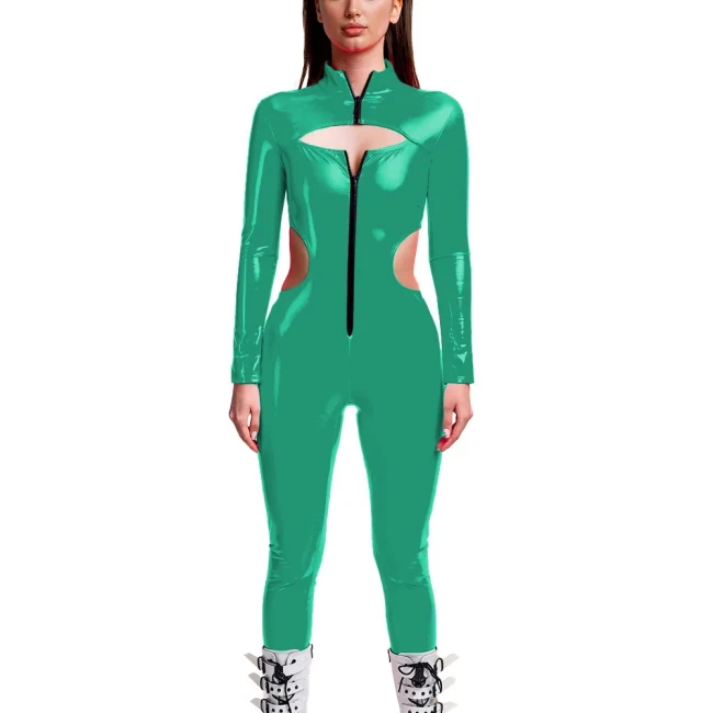 Punk Girls Wetlook Long Sleeve PVC Jumpsuits Women Stretch Patent Leather Bodycon Rompers Party Club Hollow Out Female Catsuit