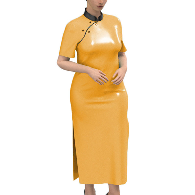 New Chinese Style Regular Fit Maxi Dress Faux Leather PVC Short Sleeve Long Dress Sissy Crossdresser Patent Leather Costume