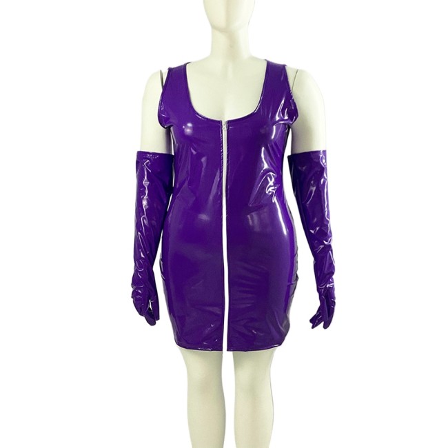 Sexy PVC Leather Mini Dress for Womens Party V-neck Sleeveless Zipper Bodycon Dress Punk Nightclub Skinny Dress with Gloves