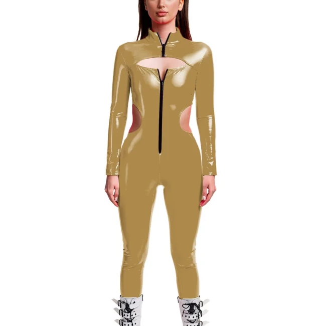 Punk Girls Wetlook Long Sleeve PVC Jumpsuits Women Stretch Patent Leather Bodycon Rompers Party Club Hollow Out Female Catsuit
