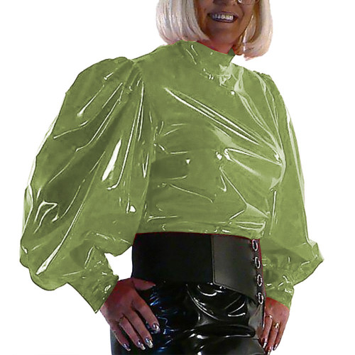Casual Turtleneck Long Sleeve Shirt Blouse Office Lady Autumn Fashion Elegant Patent PVC Leather Puff Sleeve Shirts Crossdresser