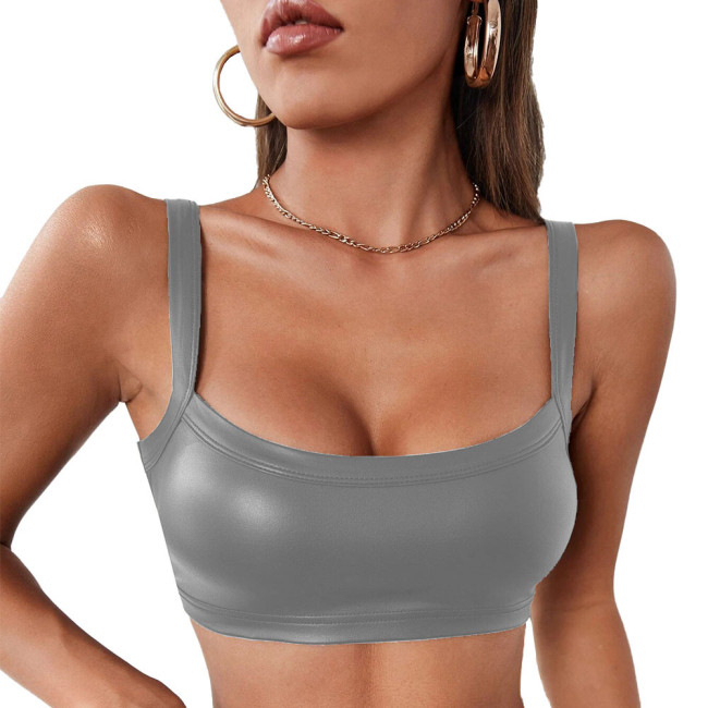Newest Women Sexy Tank Top Faux PU Leather Strappy Bra Top Ladies Sexy Nightclub Vest Fashion Spaghetti Strap Short Top Lingerie