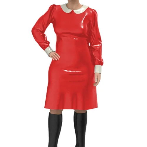 Women's Solid Color Elegant Dress Long Sleeve PVC Pleated Midi Sweet Dress Autumn Casual Set Turn Down Collar Office Lady Dress