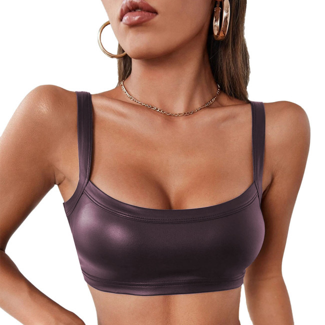 Newest Women Sexy Tank Top Faux PU Leather Strappy Bra Top Ladies Sexy Nightclub Vest Fashion Spaghetti Strap Short Top Lingerie