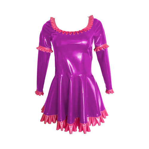 Women Fashion Dress A-line Pleated Dressing Spoon Neck Long Sleeved Uniforms Sweet Girl Patent Leather Club Aesthetic Clothing