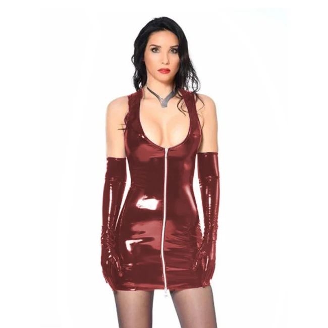 Sexy PVC Leather Mini Dress for Womens Party V-neck Sleeveless Zipper Bodycon Dress Punk Nightclub Skinny Dress with Gloves