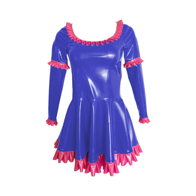 Women Fashion Dress A-line Pleated Dressing Spoon Neck Long Sleeved Uniforms Sweet Girl Patent Leather Club Aesthetic Clothing