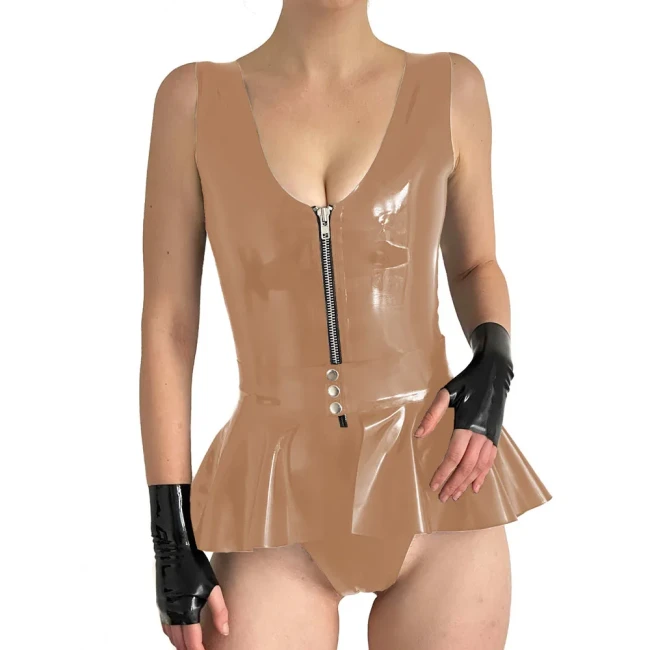 Women Sexy Wet Look Patent Leather Bodysuit Party Sleeveless PVC Rompers with Skirted Belt Sissy V-neck Zipper Playsuit Clubwear
