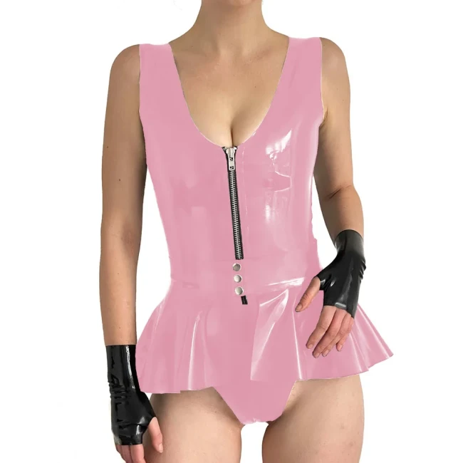 Women Sexy Wet Look Patent Leather Bodysuit Party Sleeveless PVC Rompers with Skirted Belt Sissy V-neck Zipper Playsuit Clubwear
