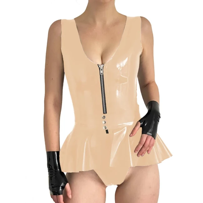 Women Sexy Wet Look Patent Leather Bodysuit Party Sleeveless PVC Rompers with Skirted Belt Sissy V-neck Zipper Playsuit Clubwear
