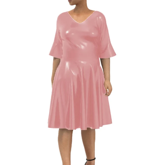 Women Glossy Leather Pleated Dress Middle Sleeve V Neck Shiny Party Dress Casual Summer Fashion Lady Vinyl Knee Length Dress
