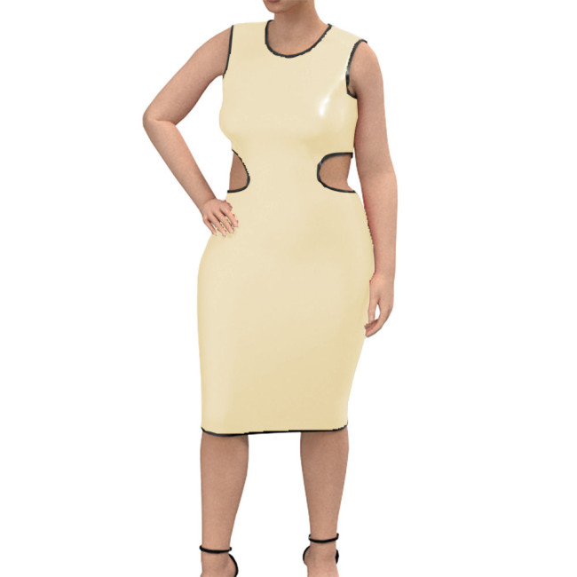Sexy Hipster O-neck PU Leather Dress Women Fashion Vinyl PVC Streetwear Sleeveless Club Party Dresses Female Bodycon Dress Robe