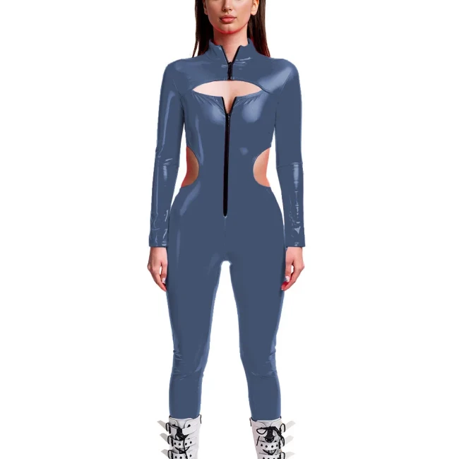Punk Girls Wetlook Long Sleeve PVC Jumpsuits Women Stretch Patent Leather Bodycon Rompers Party Club Hollow Out Female Catsuit