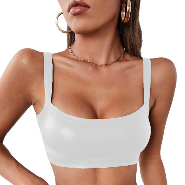 Newest Women Sexy Tank Top Faux PU Leather Strappy Bra Top Ladies Sexy Nightclub Vest Fashion Spaghetti Strap Short Top Lingerie