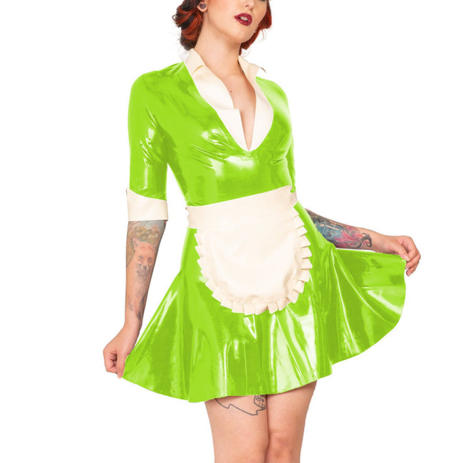 Sissy Patent Leather Dress Adult Crossdresser Faux Latex Lolita Cosplay Halloween Costume Role Play PVC Leather Maid Dress Apron