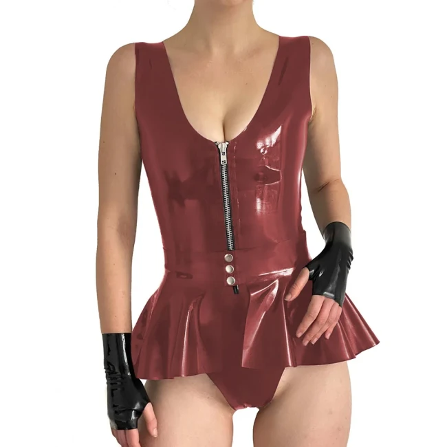 Women Sexy Wet Look Patent Leather Bodysuit Party Sleeveless PVC Rompers with Skirted Belt Sissy V-neck Zipper Playsuit Clubwear